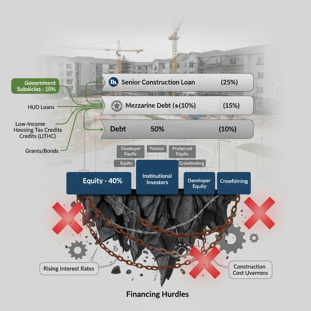 Infographic detailing the complex capital stack and financing obstacles for senior housing development projects.