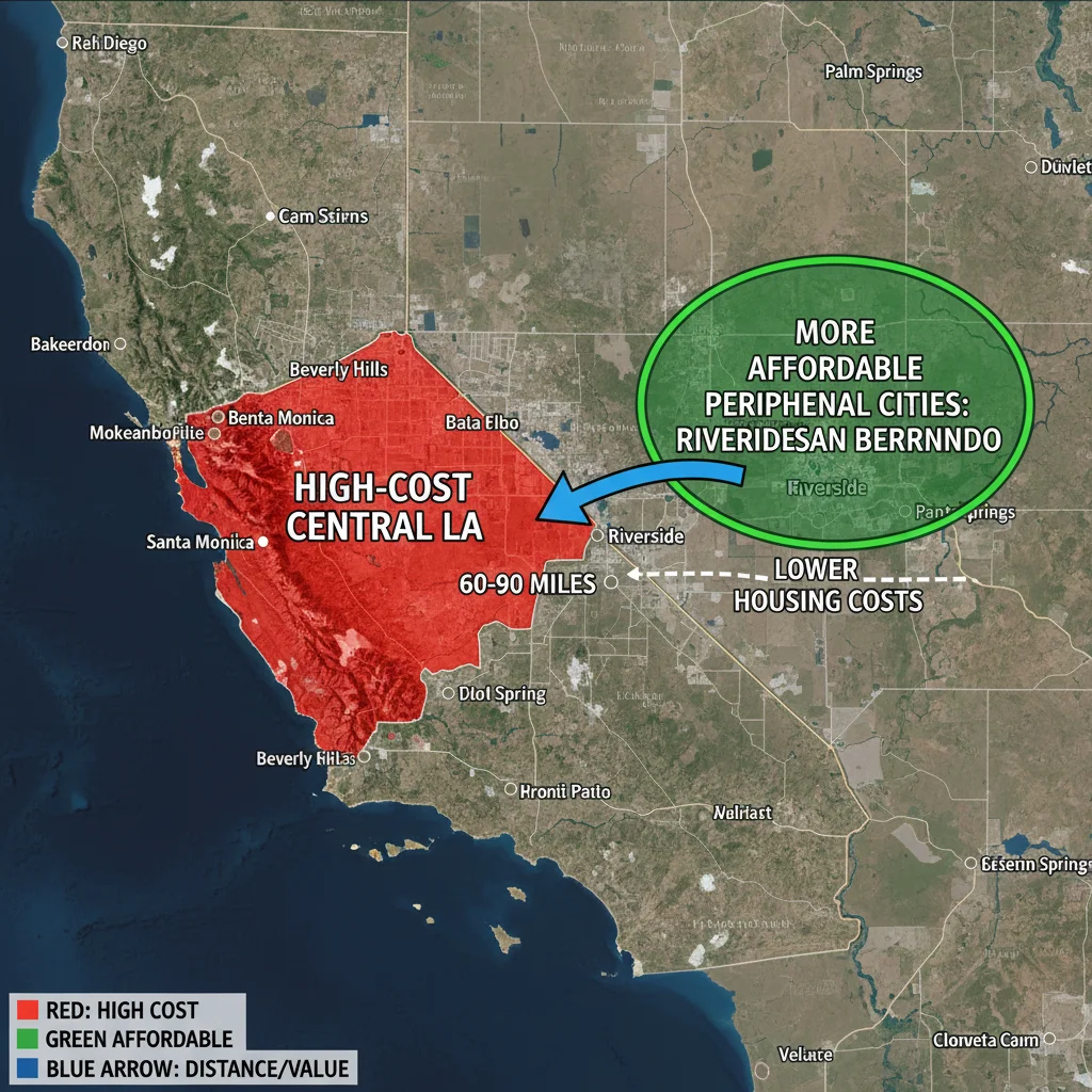 Southern California map showing affordable housing alternatives outside expensive Los Angeles center.