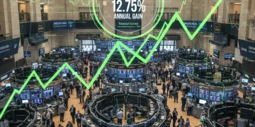 S&P 500 annual performance chart overlaying a busy stock exchange floor, symbolizing market growth.