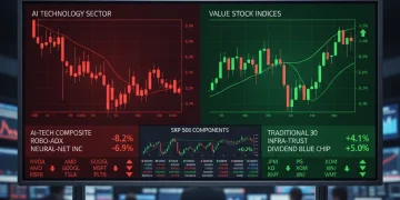 Stock market chart showing S&P 500 rotation away from AI sector stocks with declining tech indices