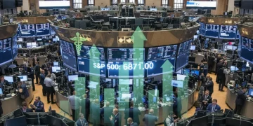 S&P 500 index ticker displaying 6871 points amid a market rally led by value and healthcare sectors.