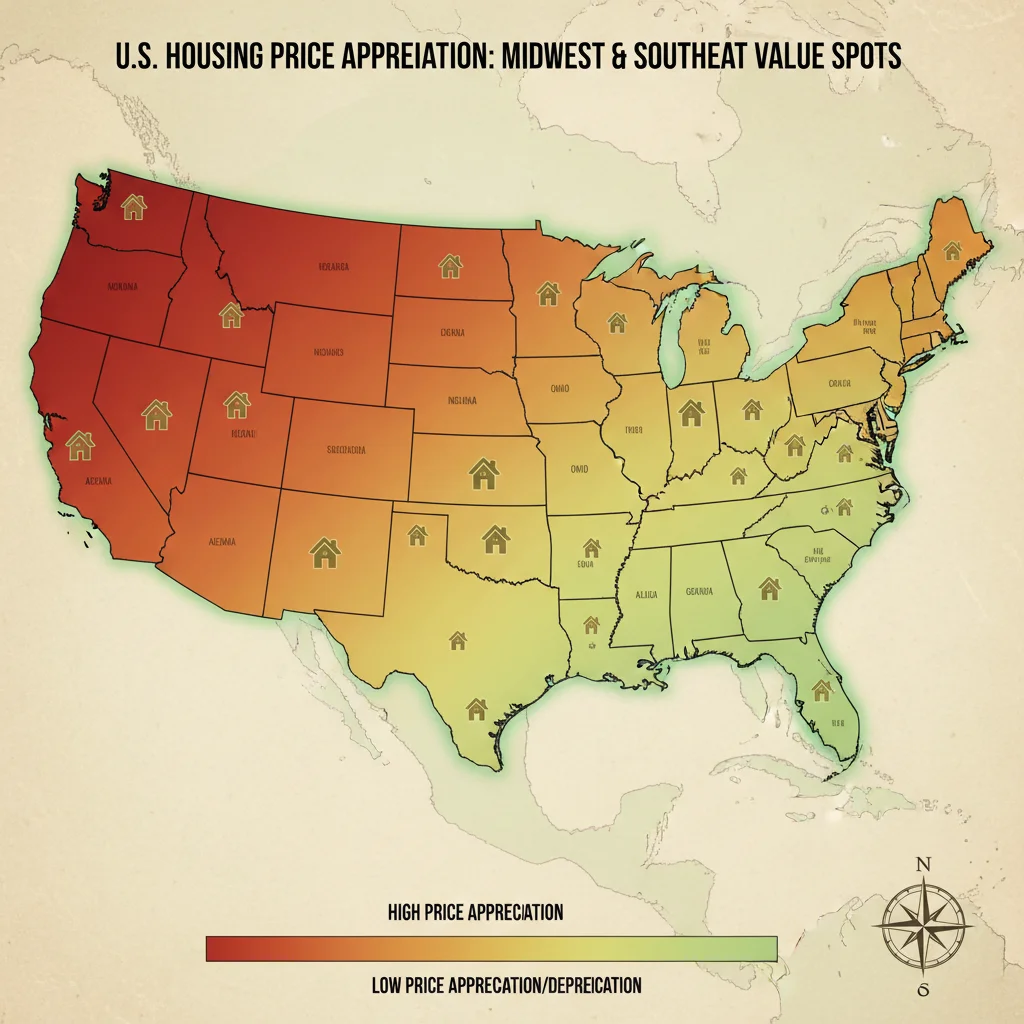 Map showing US state-by-state home price appreciation rates and areas of relative housing affordability.