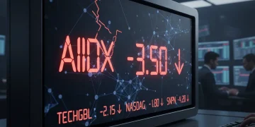 Stock market index ticker showing a 0.4% weekly decline, reflecting AI sector weakness and market rotation.