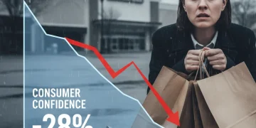 Stressed consumer looking at financial charts, symbolizing a 28% decline in US consumer confidence and lower holiday spending projections.