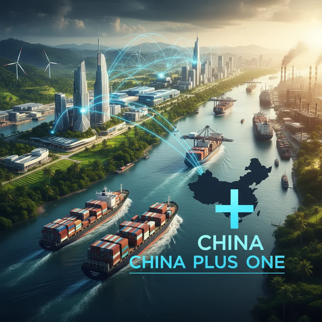 Supply chain diversification illustrating 'China Plus One' strategy benefits for emerging economies like Vietnam and Mexico.