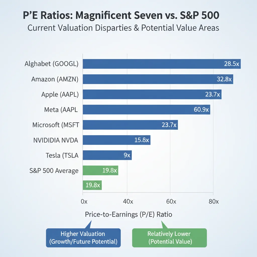 Comparison of P/E ratios for major tech stocks versus S&P 500 average.