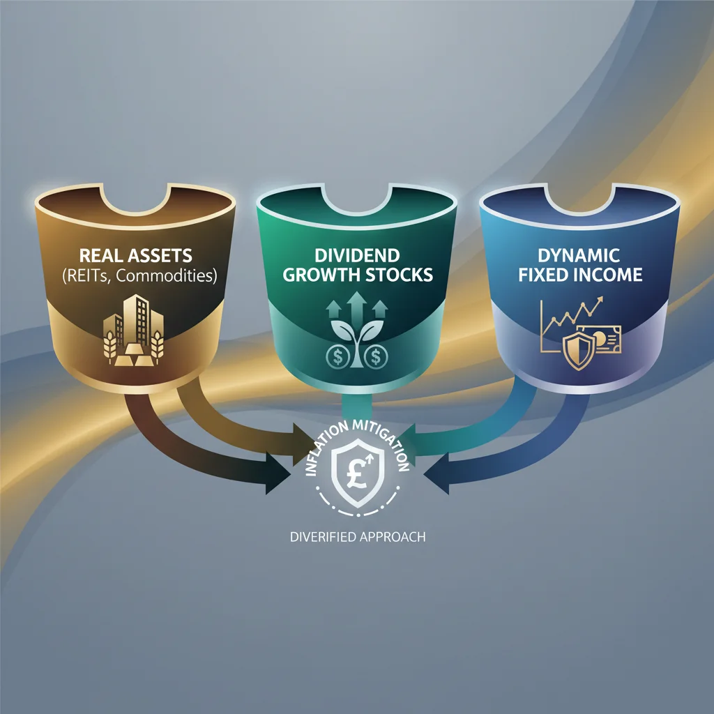 Graphic illustrating three strategic investment buckets for inflation protection: real assets, dividend growth, and flexible bonds.