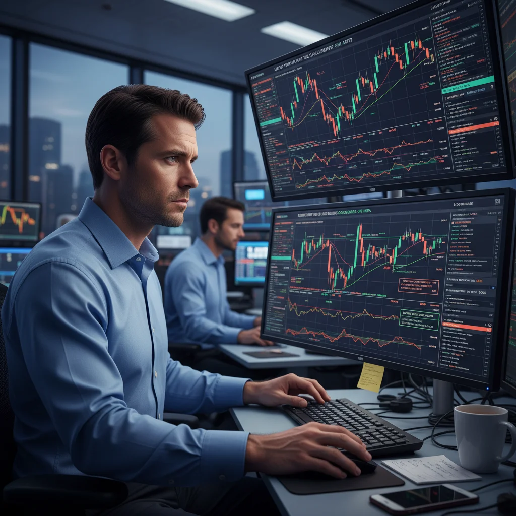 Financial trader analyzing bond yield volatility and equity market movements after economic data release.