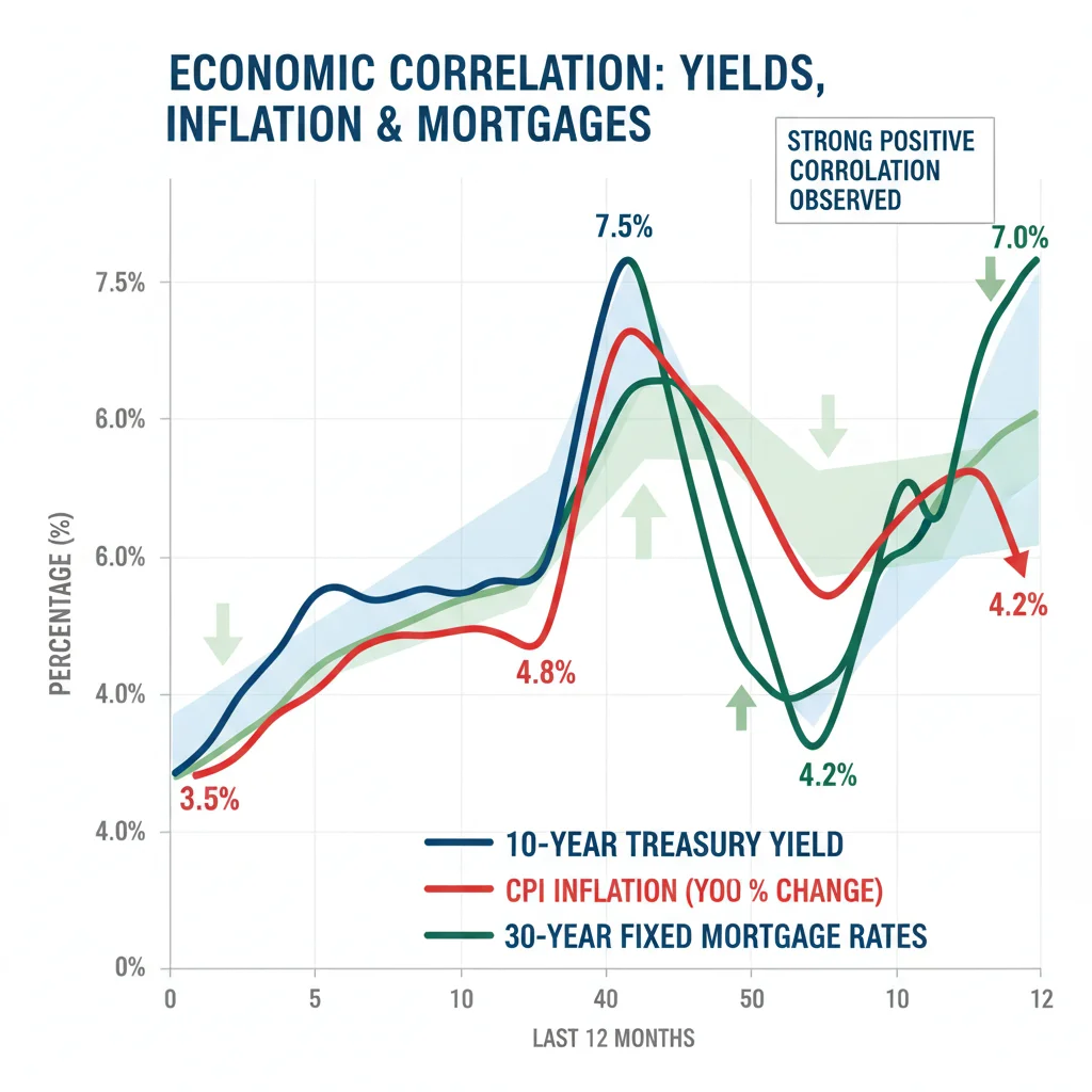 Graph illustrating correlation between 10-year Treasury yield, CPI, and 30-year fixed mortgage rates