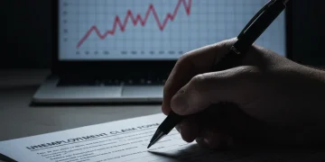 Hand filling out unemployment claim form, symbolizing rising joblessness and economic concern.