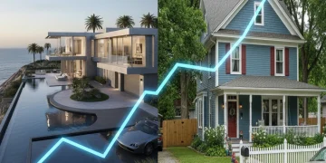 Contrasting US homes illustrating the national 2.2% price rise versus regional housing market value.