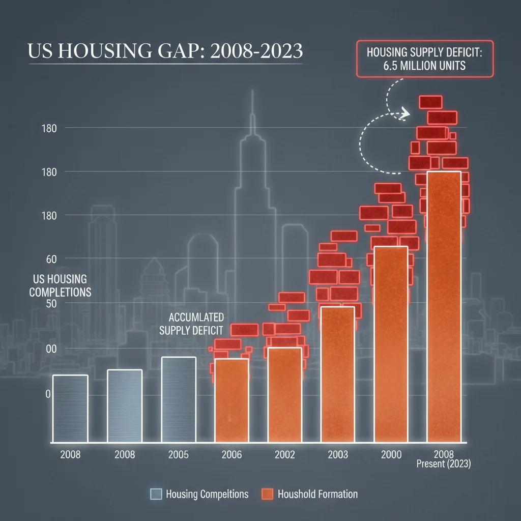 Chart illustrating the widening gap between US housing supply and demand since the 2008 financial crisis
