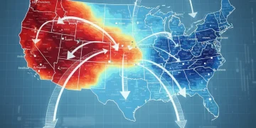 Map illustrating the flow of tech worker migration from expensive coastal cities to lower-cost interior US metropolitan areas.