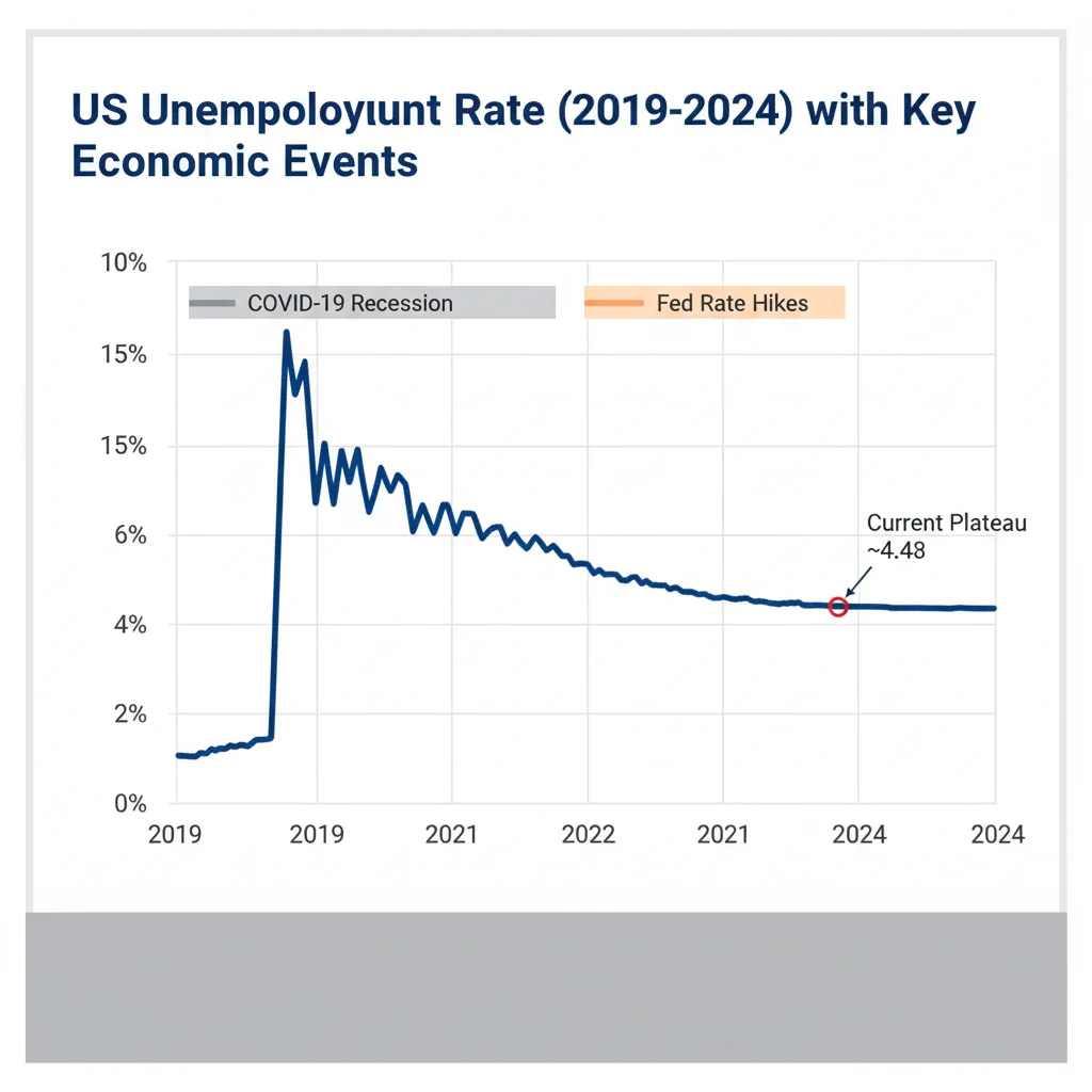 Historical chart showing the five-year trend of the US unemployment rate plateauing near 4.4%.
