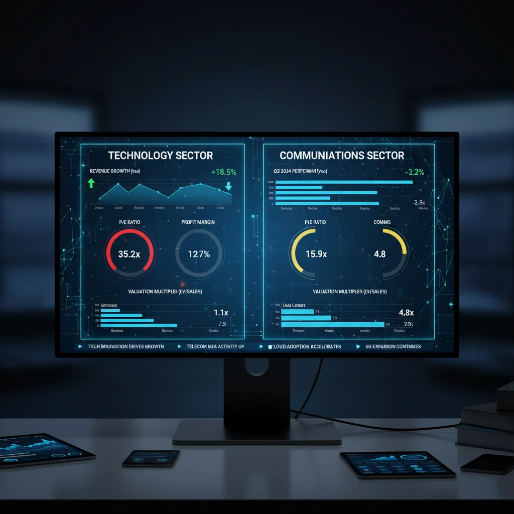 Financial dashboard comparing tech and communications sector valuation metrics