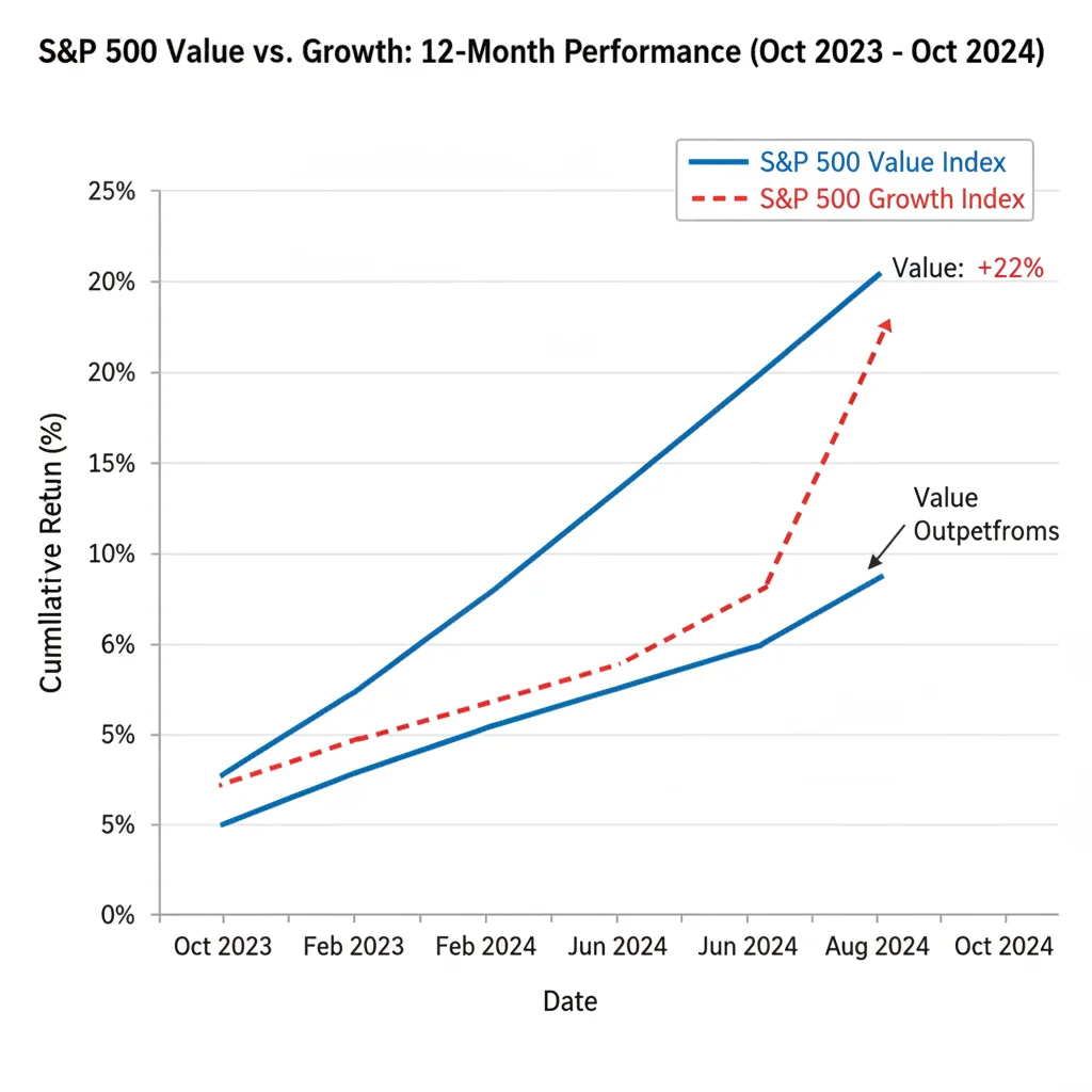 Comparative chart showing S&P 500 Value Index outperforming Growth Index over the past year.