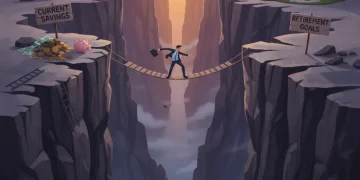 Illustration of the widening retirement savings gap affecting over half of Americans' 401k goals.